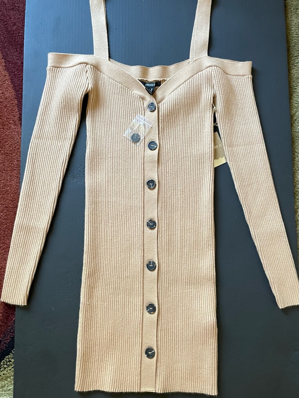 NWT Forever 21 Ribbed Knit Cold/off the Shoulder Button-Front Mini Dress S/M